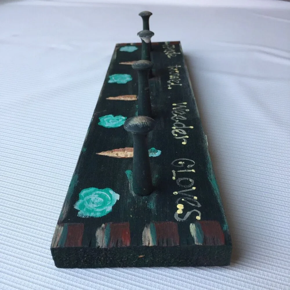 Garden Lover Gift Wooden Tool Rack Handmade Craft Wall Hanging Painted 4 Hooks